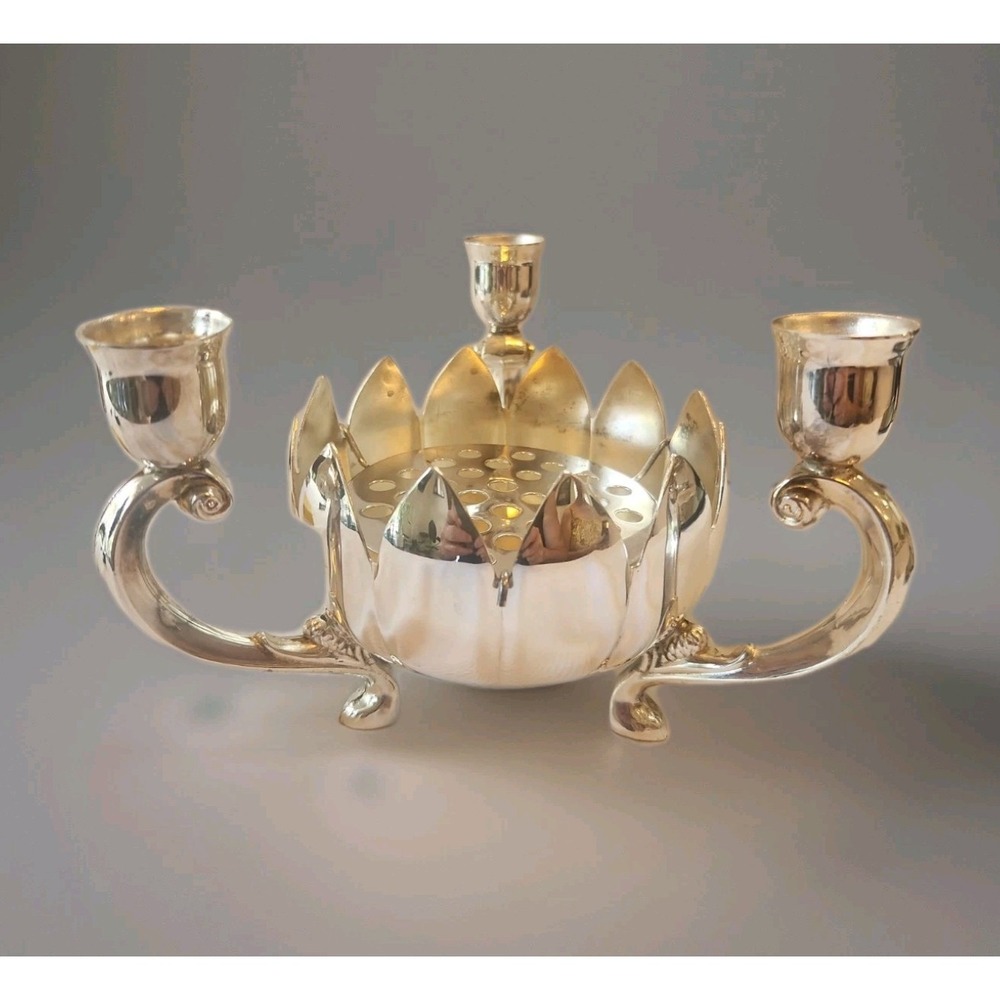 Vintage 1970 Leonard Silver-Plated 3-Candle Holder Lotus Flower Centerpiece Bowl